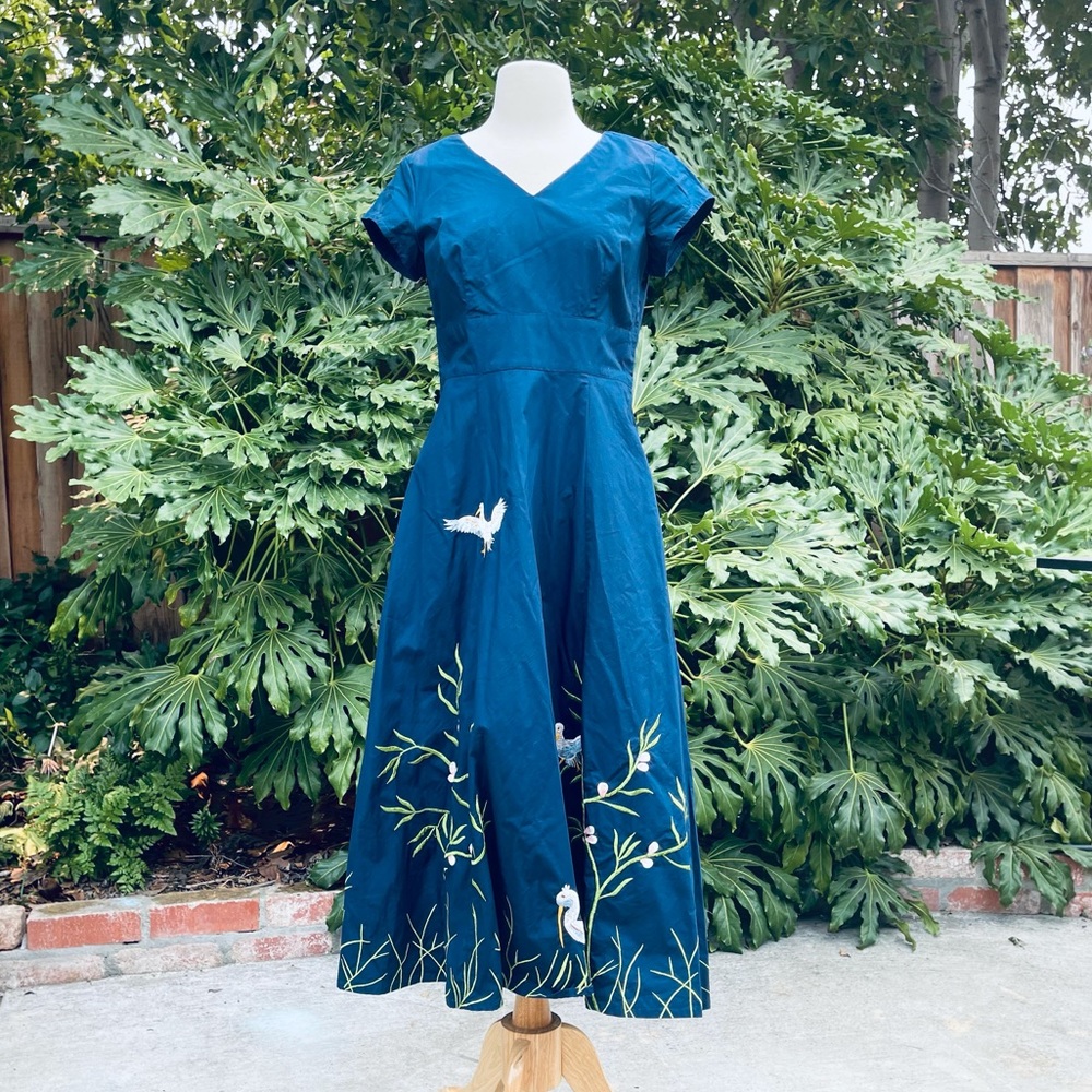 Navy bird embellished poplin A-line dress